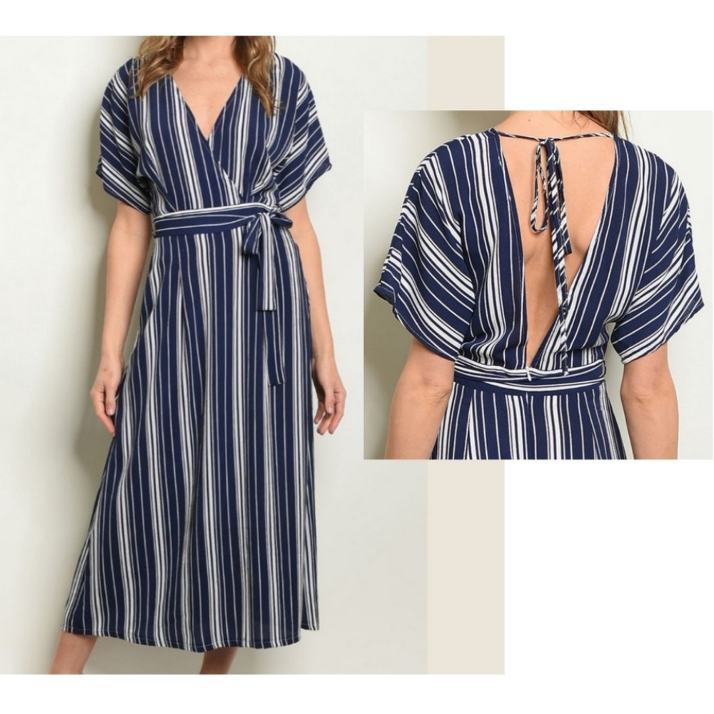 Navy & White Striped Wrap Front Maxi Dress